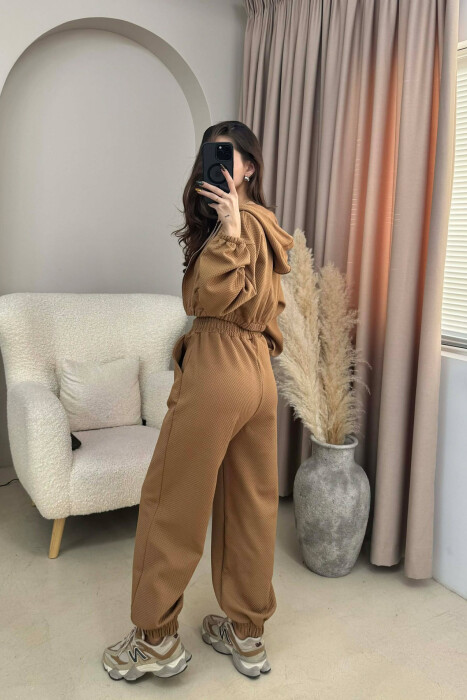 ONE COLOR KNITTED FABRIC JACKET+BRA+JOGGERS WOMEN SET BROWN/KAFE - 4