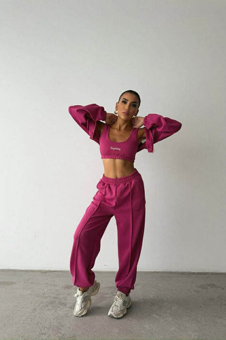 ONE COLOR KNITTED FABRIC JACKET+BRA+JOGGERS WOMEN SET FUCHSIA/CIKLAMI 