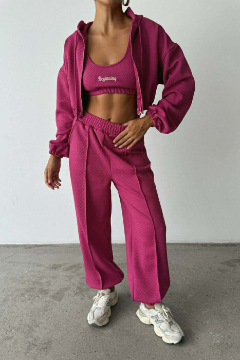 ONE COLOR KNITTED FABRIC JACKET+BRA+JOGGERS WOMEN SET FUCHSIA/CIKLAMI - 3