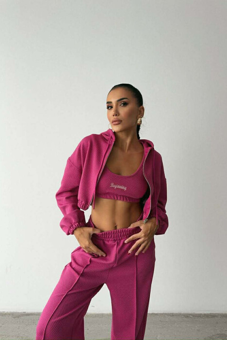 ONE COLOR KNITTED FABRIC JACKET+BRA+JOGGERS WOMEN SET FUCHSIA/CIKLAMI - 4