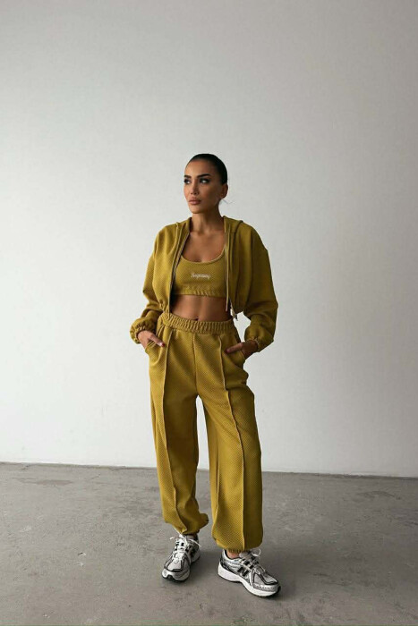 ONE COLOR KNITTED FABRIC JACKET+BRA+JOGGERS WOMEN SET LIGHT GREEN/JEZB 