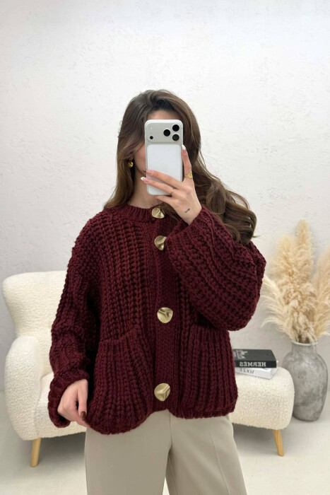 ONE COLOR KNITTED FRONT POCKETS WOMEN CARDIGAN BURGUNDY/VISHNJE - KLAUDIO FASHION