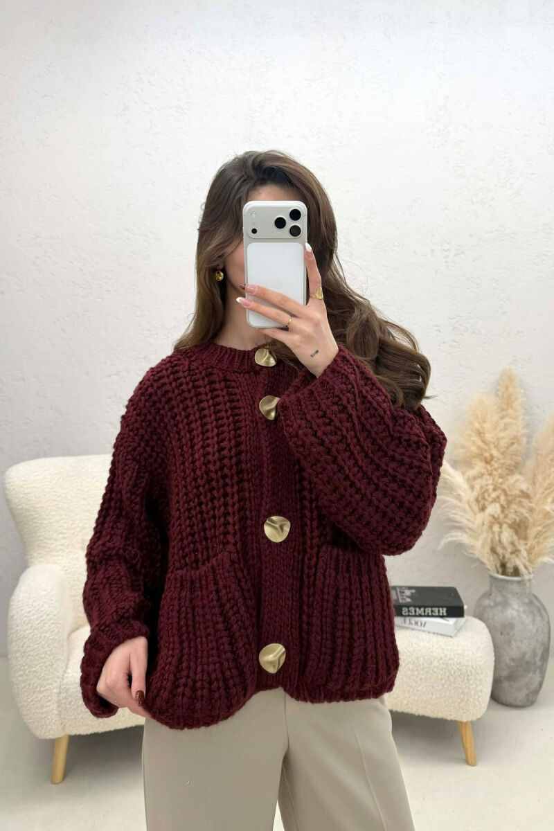 ONE COLOR KNITTED FRONT POCKETS WOMEN CARDIGAN BURGUNDY/VISHNJE - 1