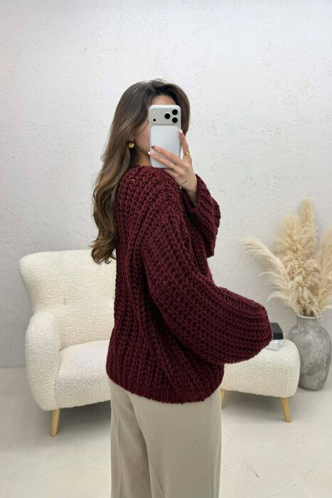 ONE COLOR KNITTED FRONT POCKETS WOMEN CARDIGAN BURGUNDY/VISHNJE - 2