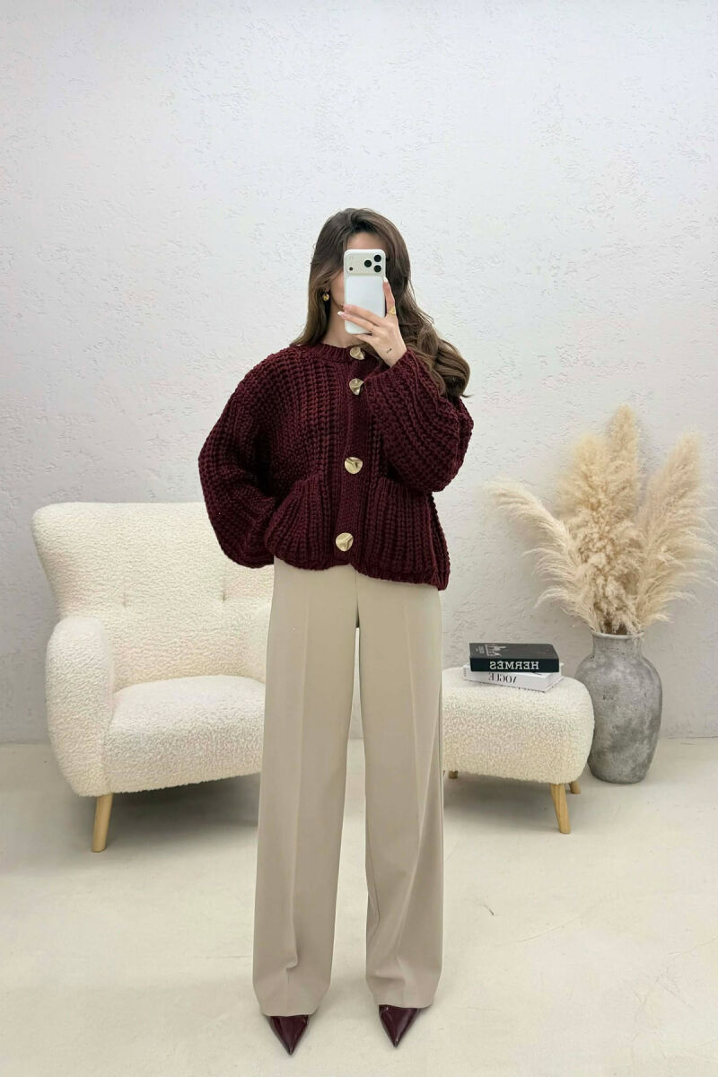 ONE COLOR KNITTED FRONT POCKETS WOMEN CARDIGAN BURGUNDY/VISHNJE - 3