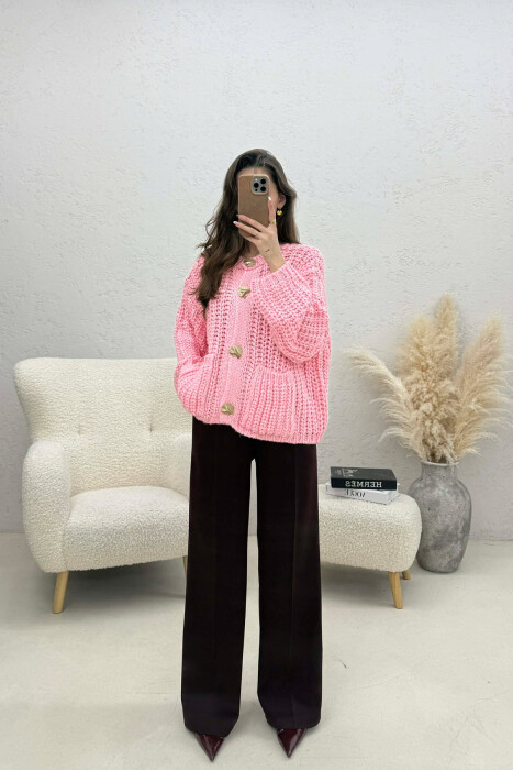 ONE COLOR KNITTED FRONT POCKETS WOMEN CARDIGAN PINK/ROZE - 2