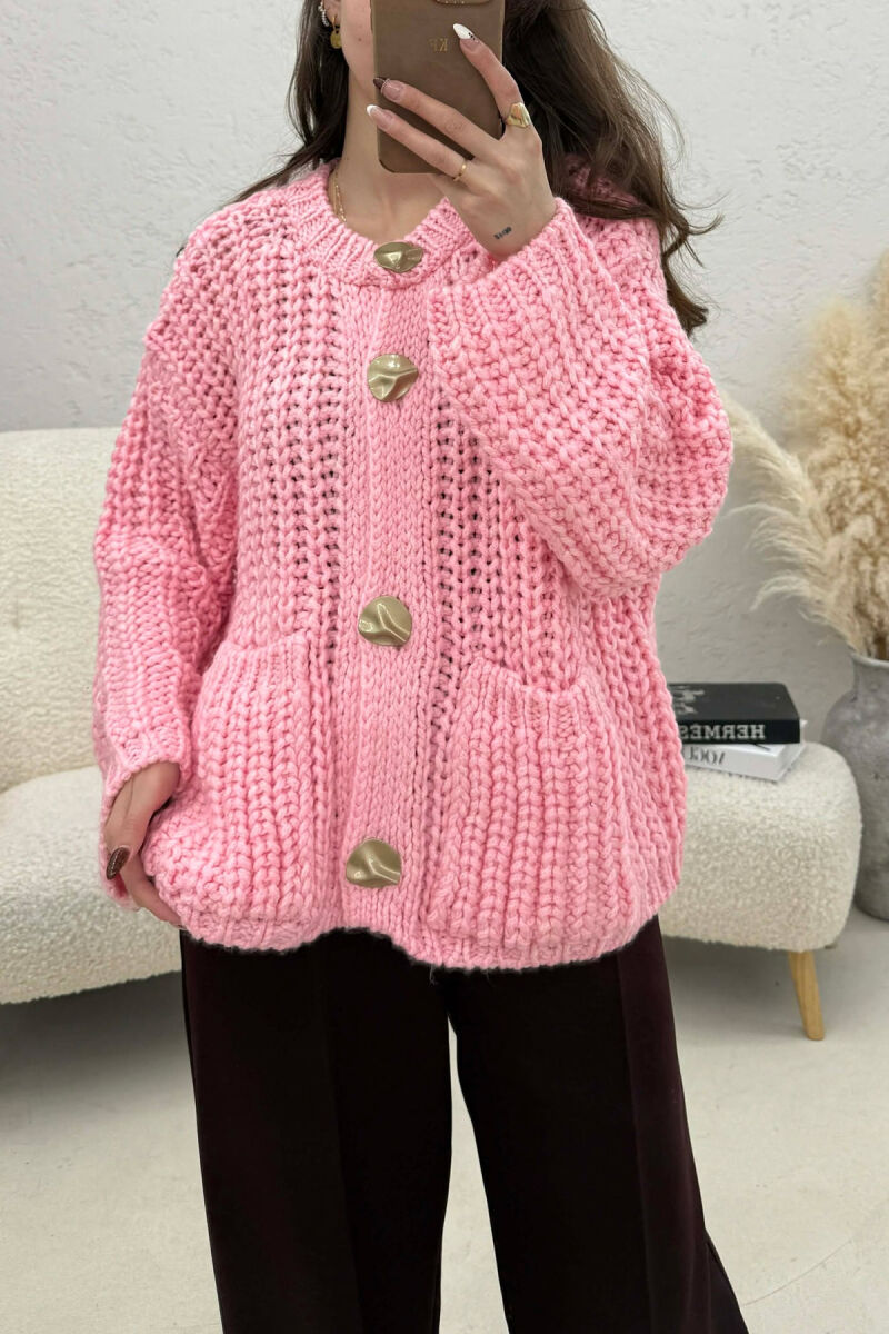 ONE COLOR KNITTED FRONT POCKETS WOMEN CARDIGAN PINK/ROZE - 3