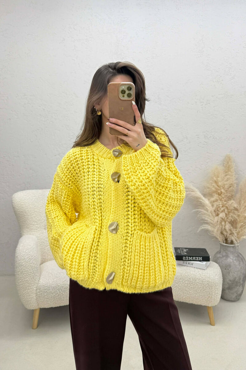 ONE COLOR KNITTED FRONT POCKETS WOMEN CARDIGAN YELLOW/E VERDHE - 1