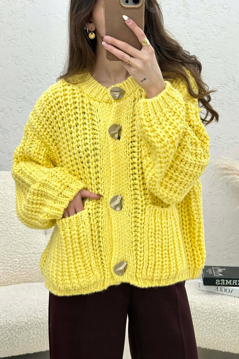 ONE COLOR KNITTED FRONT POCKETS WOMEN CARDIGAN YELLOW/E VERDHE - 2