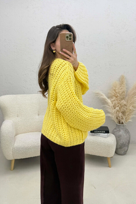 ONE COLOR KNITTED FRONT POCKETS WOMEN CARDIGAN YELLOW/E VERDHE - 3