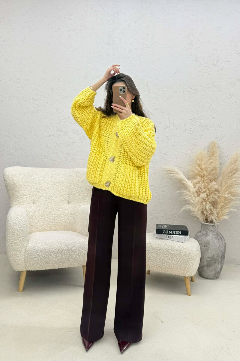 ONE COLOR KNITTED FRONT POCKETS WOMEN CARDIGAN YELLOW/E VERDHE - 4