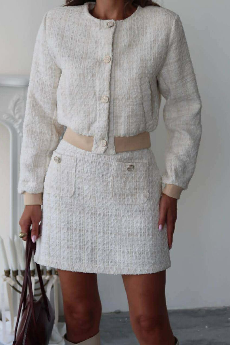 ONE COLOR KNITTED JACKET+SKIRT WOMEN SET CREAM/KREM - 2