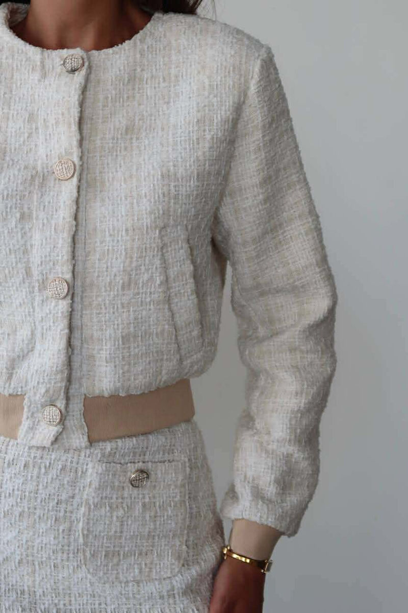 ONE COLOR KNITTED JACKET+SKIRT WOMEN SET CREAM/KREM - 3