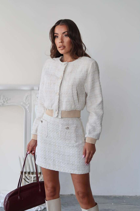 ONE COLOR KNITTED JACKET+SKIRT WOMEN SET CREAM/KREM - 4