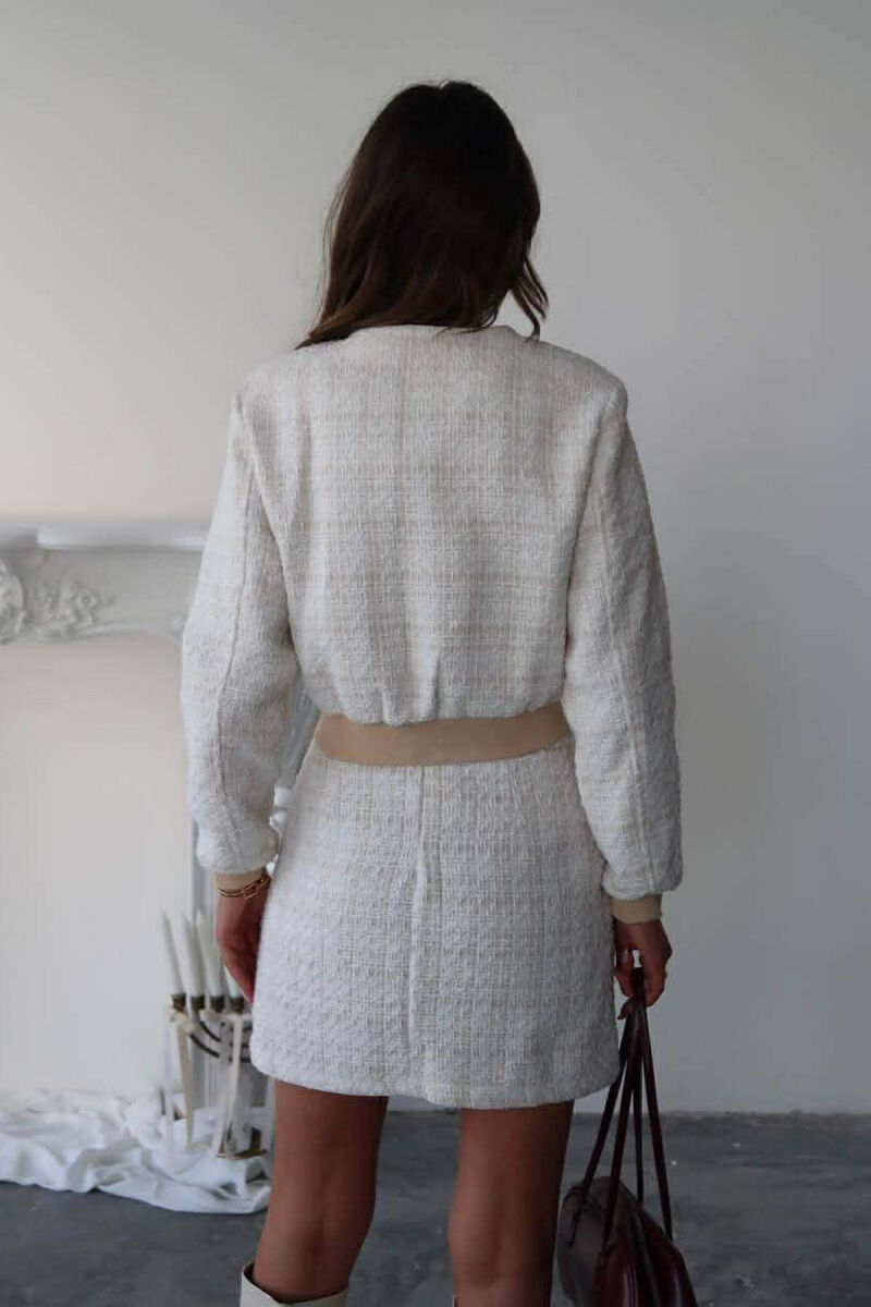 ONE COLOR KNITTED JACKET+SKIRT WOMEN SET CREAM/KREM - 5