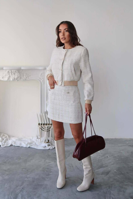 ONE COLOR KNITTED JACKET+SKIRT WOMEN SET CREAM/KREM - 6