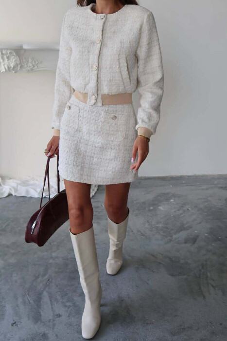 ONE COLOR KNITTED JACKET+SKIRT WOMEN SET CREAM/KREM - 7