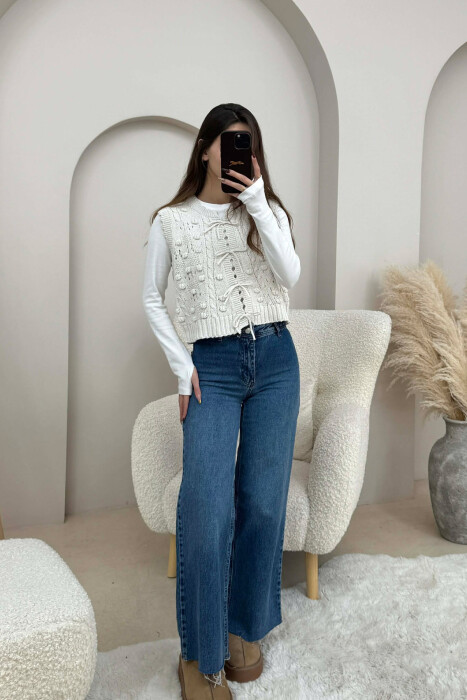 ONE COLOR KNITTED LACING WOMEN VEST CREAM/KREM - KLAUDIO FASHION