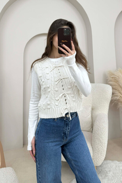 ONE COLOR KNITTED LACING WOMEN VEST CREAM/KREM - 2
