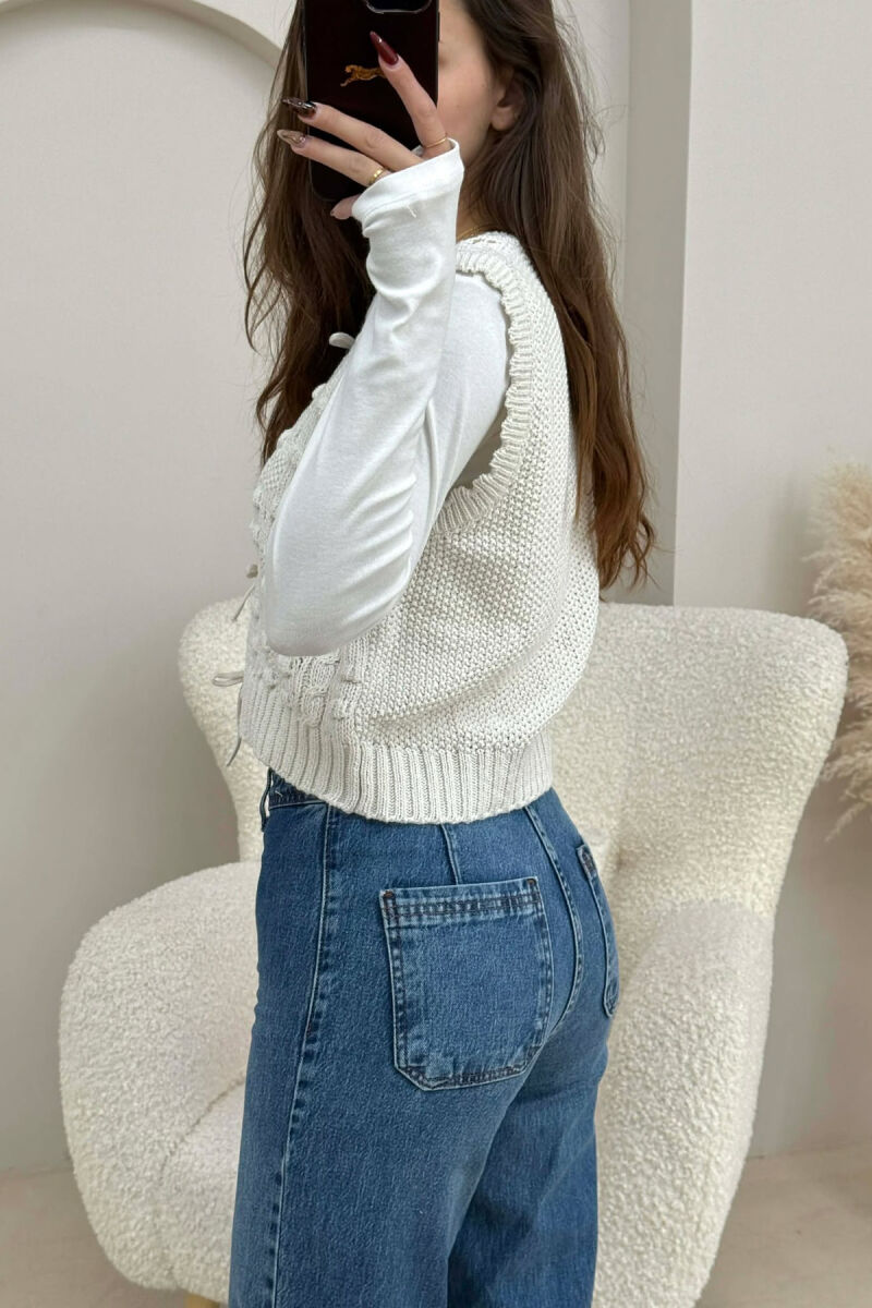 ONE COLOR KNITTED LACING WOMEN VEST CREAM/KREM - 3