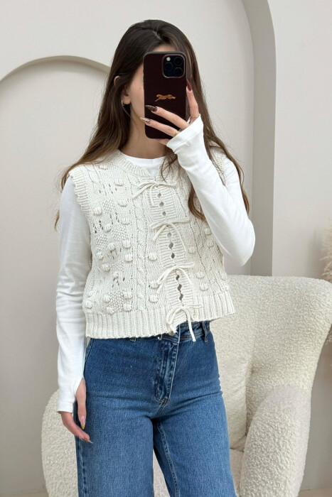 ONE COLOR KNITTED LACING WOMEN VEST CREAM/KREM - 4