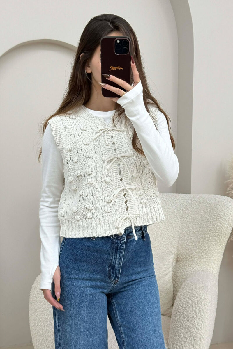 ONE COLOR KNITTED LACING WOMEN VEST CREAM/KREM - 4