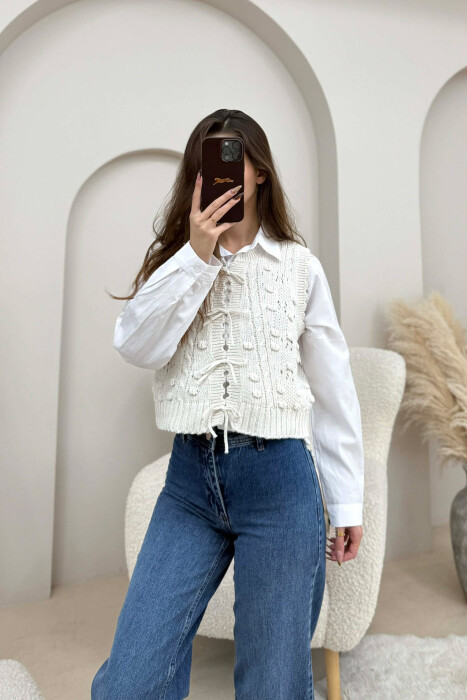 ONE COLOR KNITTED LACING WOMEN VEST CREAM/KREM - 5