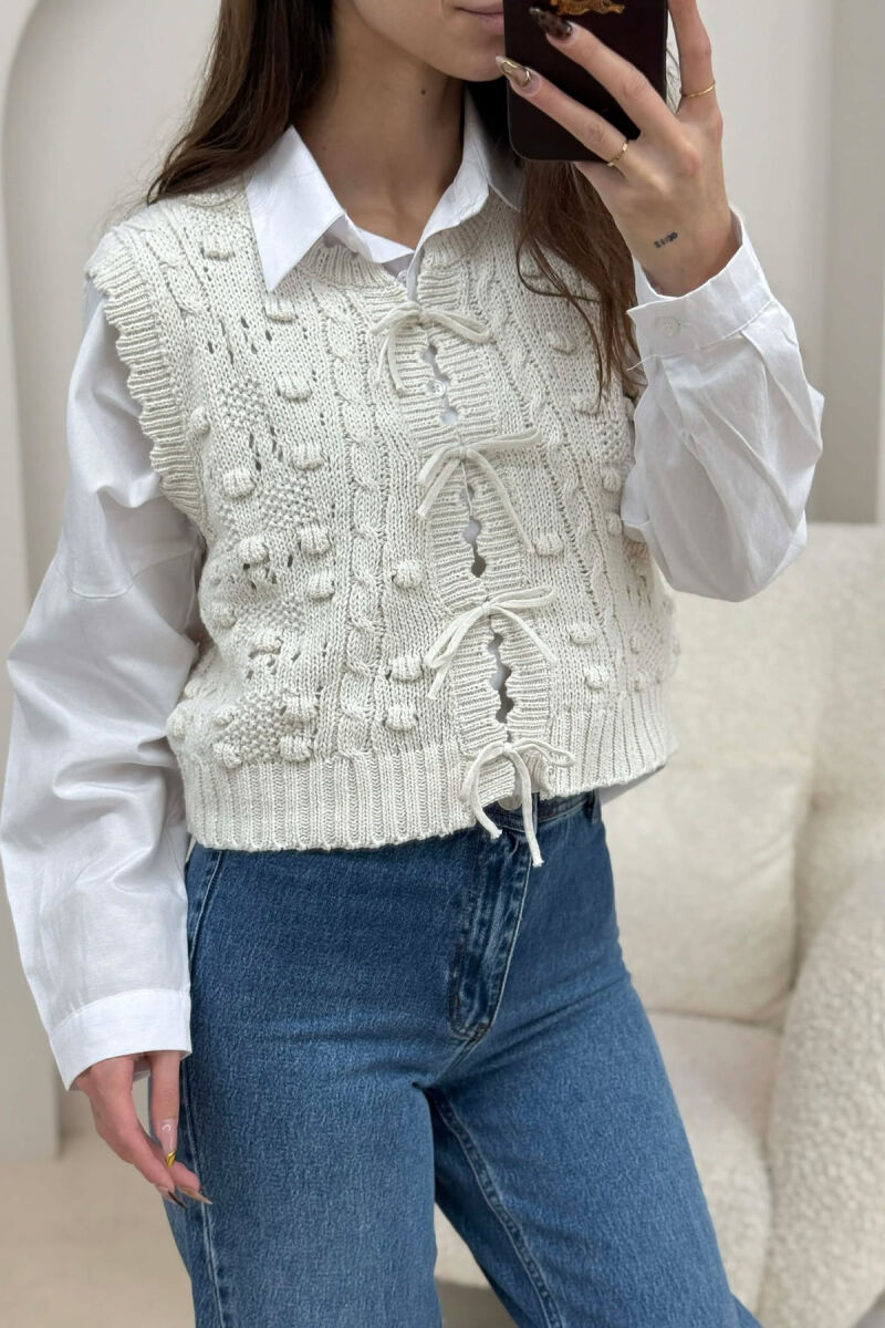 ONE COLOR KNITTED LACING WOMEN VEST CREAM/KREM - 6