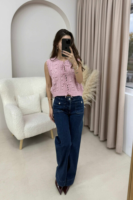 ONE COLOR KNITTED LACING WOMEN VEST POWDER/PUDER - 1