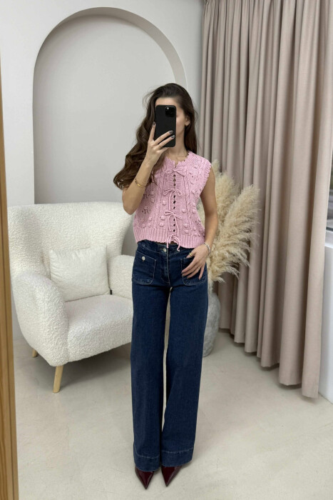 ONE COLOR KNITTED LACING WOMEN VEST POWDER/PUDER - 2