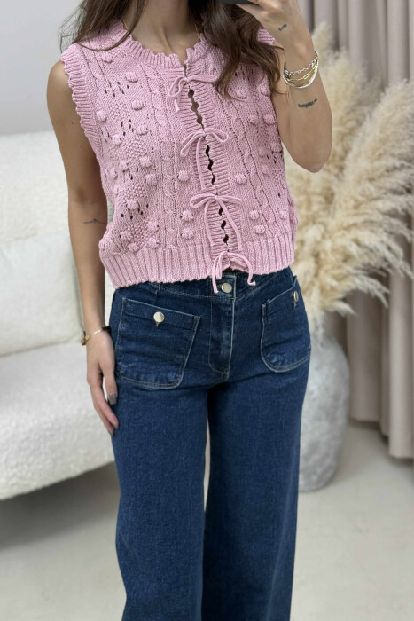 ONE COLOR KNITTED LACING WOMEN VEST POWDER/PUDER - 3