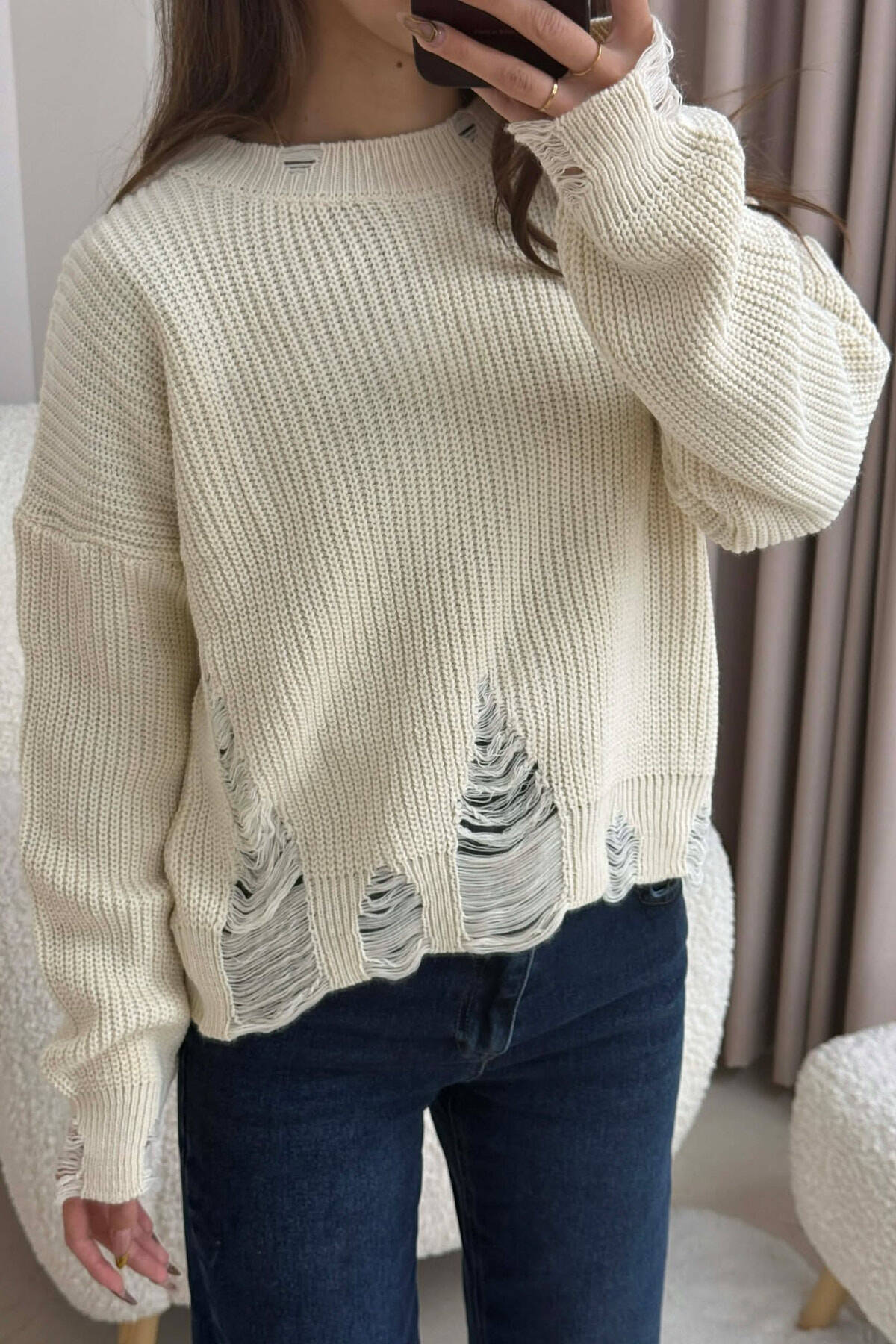 ONE COLOR KNITTED RIPPED DESIGN WOMEN SWEATER BEIGE/BEZHE SWEATER NL-4615