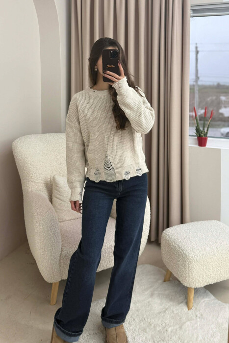 ONE COLOR KNITTED RIPPED DESIGN WOMEN SWEATER CREAM/KREM 