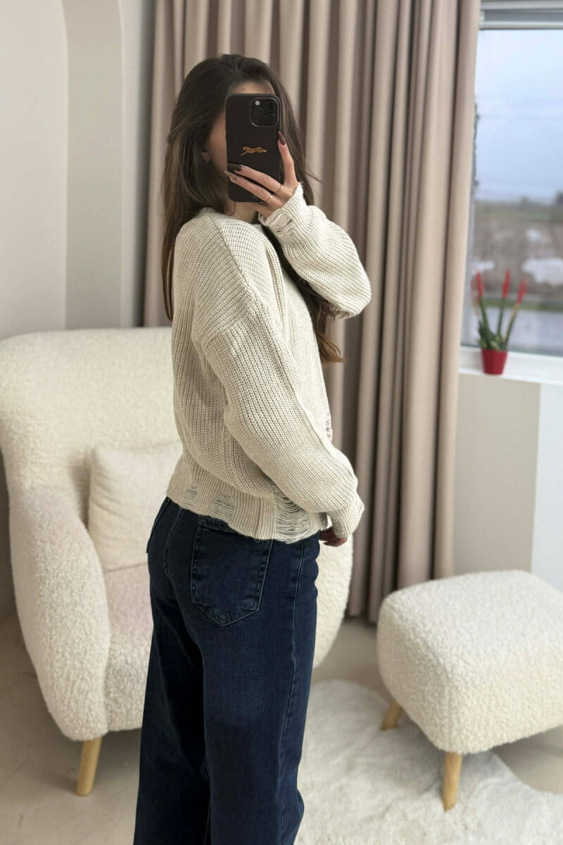 ONE COLOR KNITTED RIPPED DESIGN WOMEN SWEATER CREAM/KREM - 3