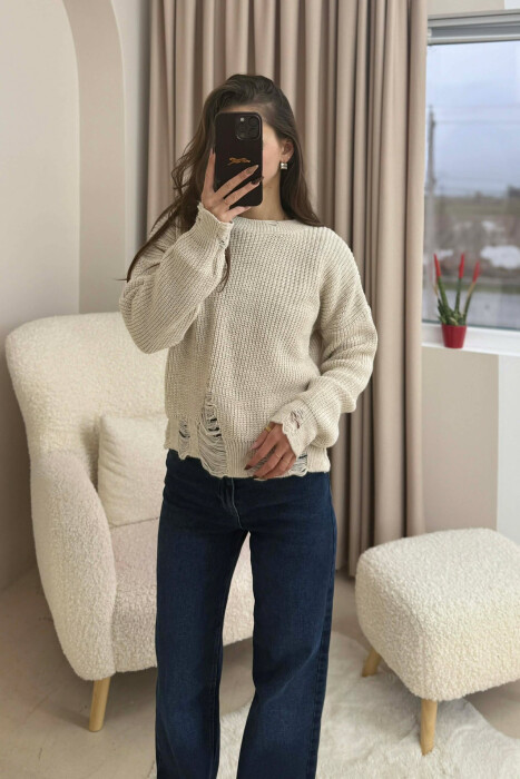 ONE COLOR KNITTED RIPPED DESIGN WOMEN SWEATER CREAM/KREM - 4