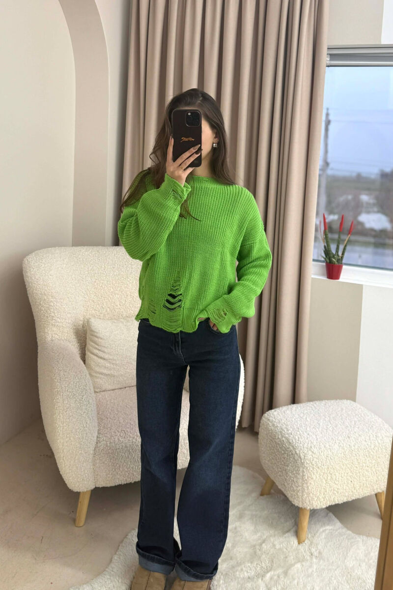 ONE COLOR KNITTED RIPPED DESIGN WOMEN SWEATER LIGHT GREEN/JEZB - 1