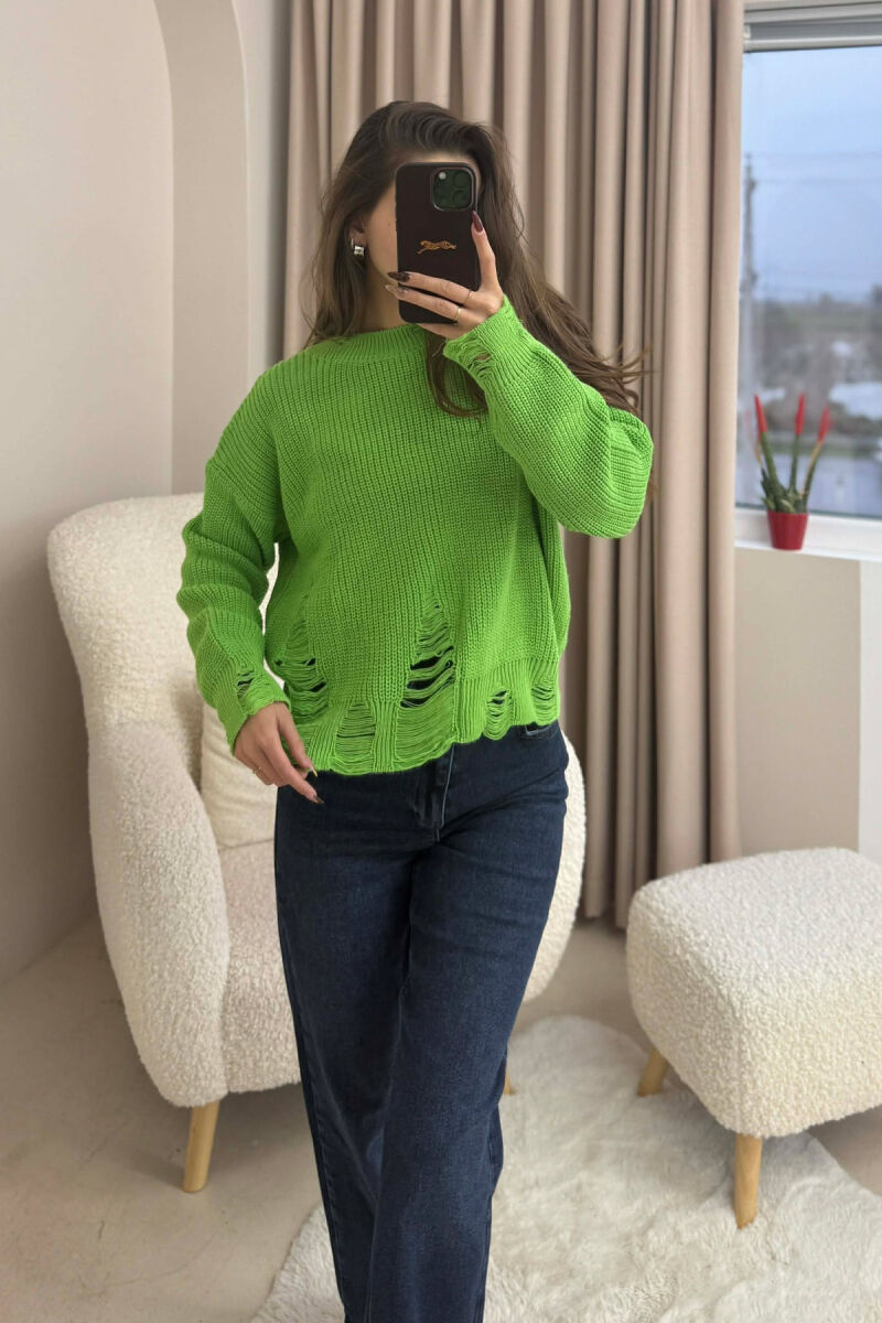 ONE COLOR KNITTED RIPPED DESIGN WOMEN SWEATER LIGHT GREEN/JEZB - 2
