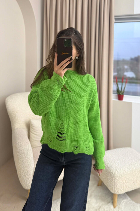 ONE COLOR KNITTED RIPPED DESIGN WOMEN SWEATER LIGHT GREEN/JEZB - 3