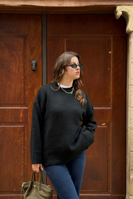 ONE COLOR KNITTED ROUND NECK WOMEN SWEATER BLACK/ E ZEZE - 2