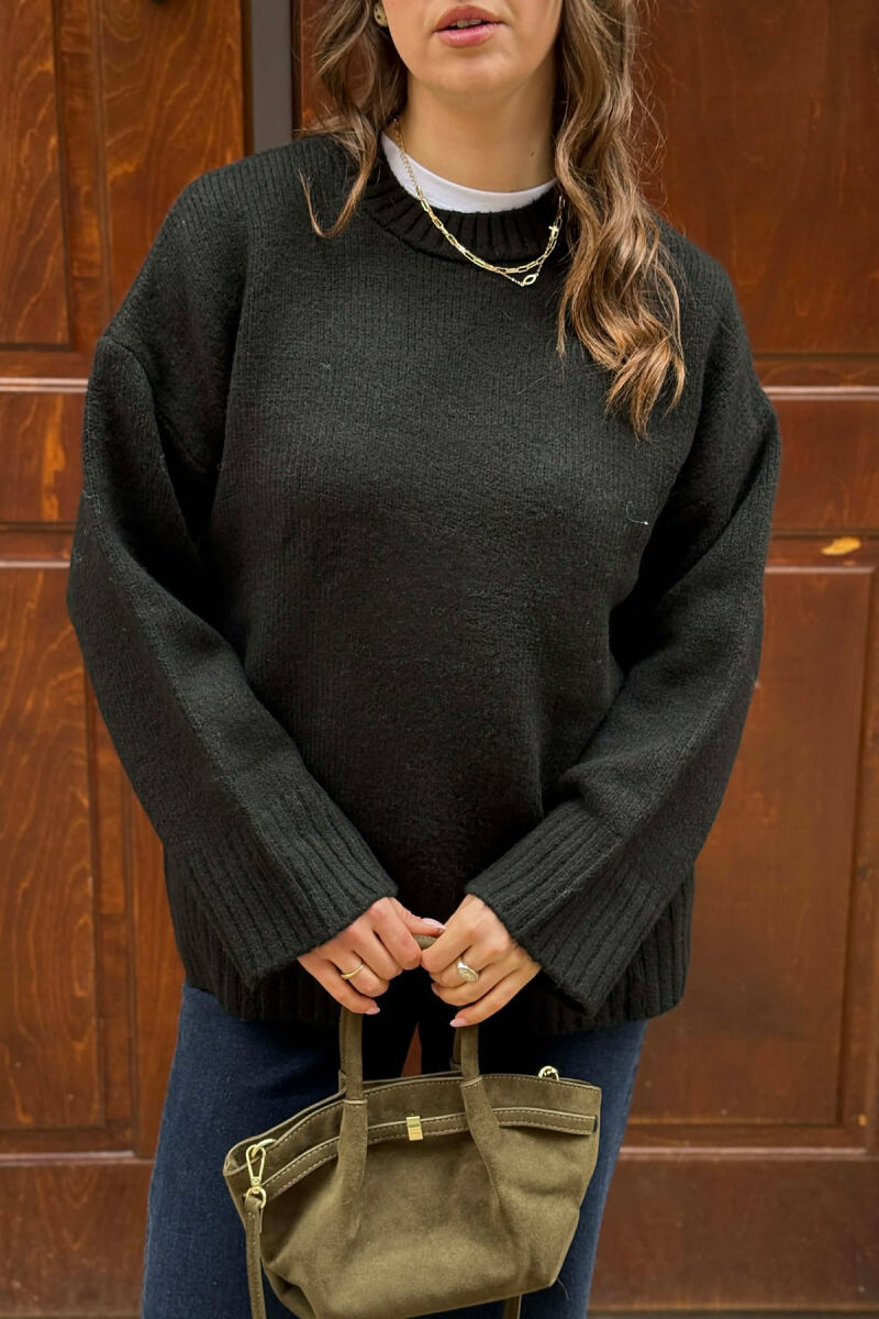 ONE COLOR KNITTED ROUND NECK WOMEN SWEATER BLACK/ E ZEZE - 3
