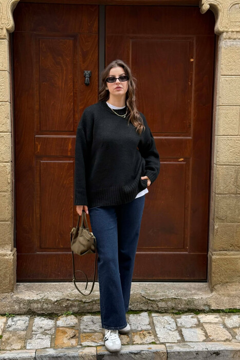 ONE COLOR KNITTED ROUND NECK WOMEN SWEATER BLACK/ E ZEZE - 5