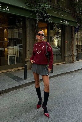 ONE COLOR KNITTED ROUND NECK WOMEN SWEATER BURGUNDY/VISHNJE 