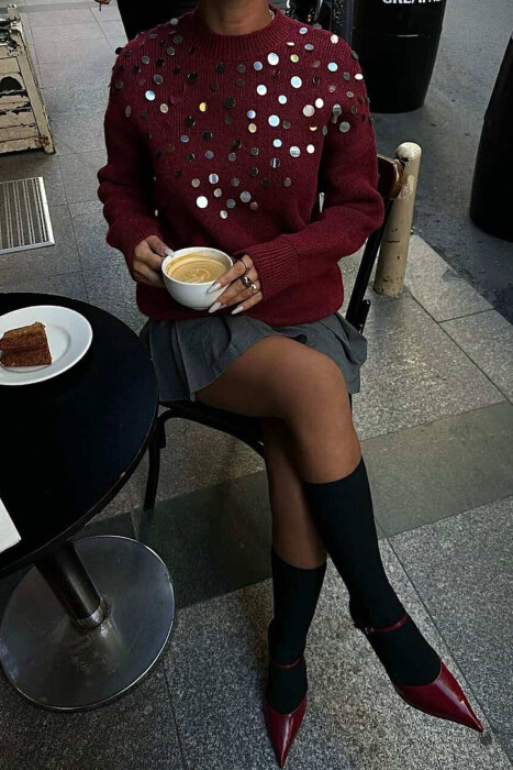 ONE COLOR KNITTED ROUND NECK WOMEN SWEATER BURGUNDY/VISHNJE - 5