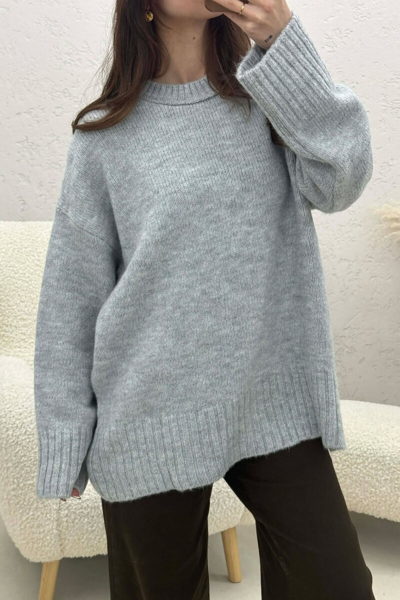 ONE COLOR KNITTED ROUND NECK WOMEN SWEATER GREY/GRI - 2