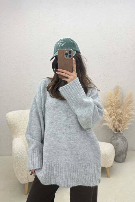 ONE COLOR KNITTED ROUND NECK WOMEN SWEATER GREY/GRI - 3