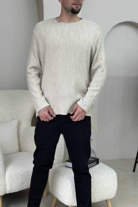 ONE COLOR KNITTED SIMPLE MEN SWEATER BEIGE/BEZHE - KLAUDIO FASHION