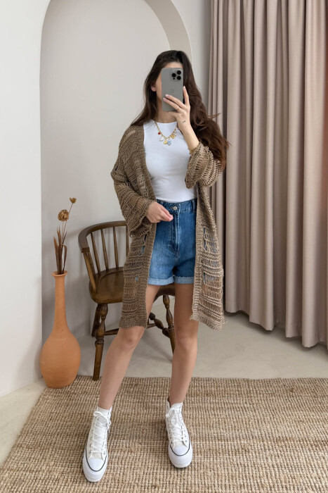 ONE COLOR KNITTED SIMPLE WOMEN CARDIGAN BROWN/KAFE 