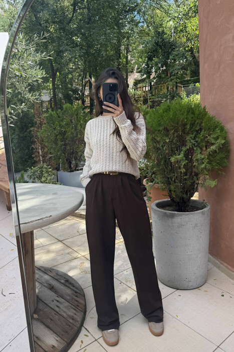 ONE COLOR KNITTED SIMPLE WOMEN SWEATER BEIGE/BEZHE - 3