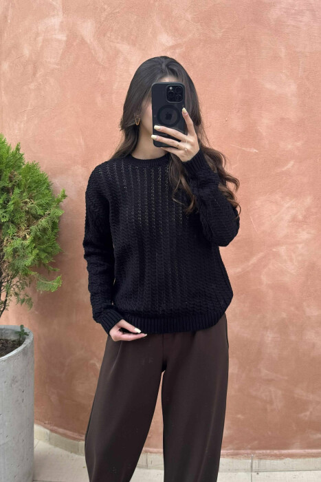 ONE COLOR KNITTED SIMPLE WOMEN SWEATER BLACK/ E ZEZE - 3