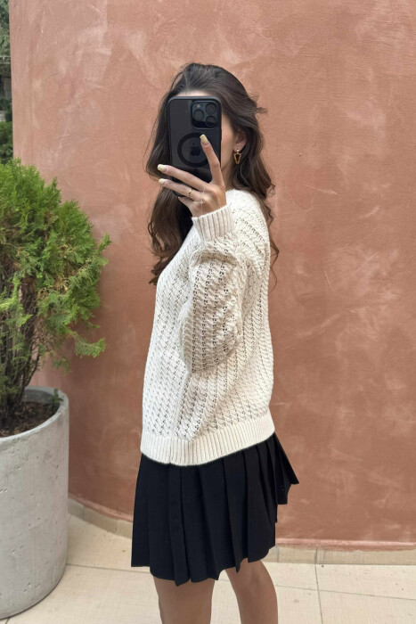 ONE COLOR KNITTED SIMPLE WOMEN SWEATER LIGHT BEIGE/BZHZB - 3